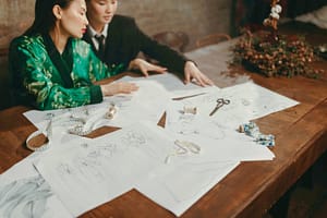 Two girls are discussing garment sample making
