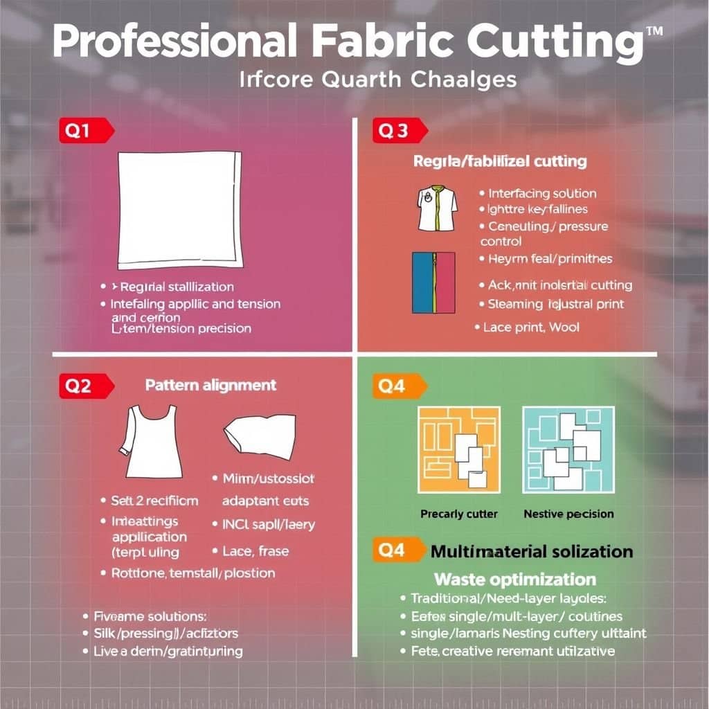 This is a professional clothing cutting technology illustration, using a 1:1 ratio four-quadrant layout to systematically display the four core challenges and solutions in the cutting process