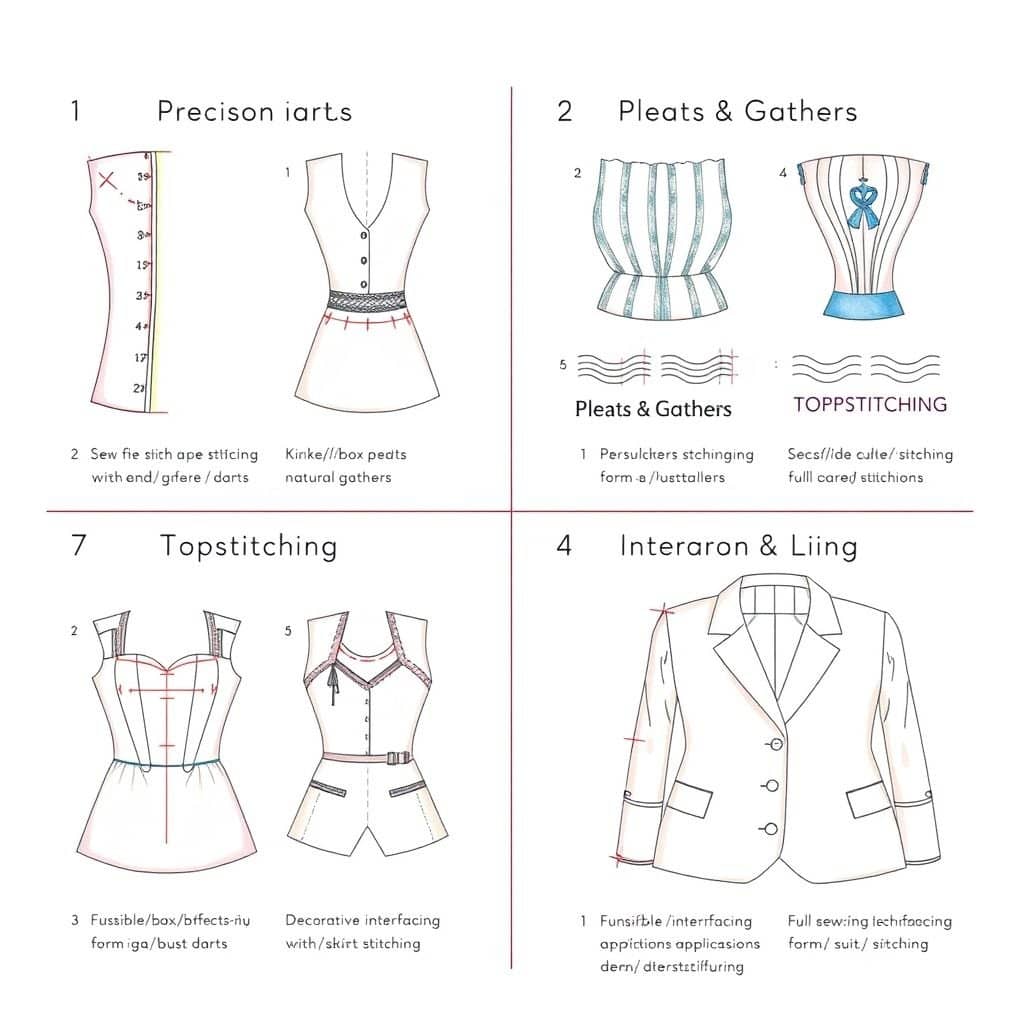 This is a professional sewing technique teaching diagram, using a 2×2 four-square layout, showing four advanced sewing techniques in detail: pleats, pleats and tucks, exposed stitching, interfacing and lining.