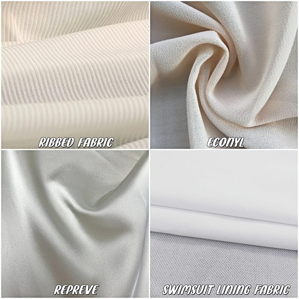 This is a detailed display of several special swimwear fabrics, namely Ribbed and Textured Fabrics, Eco-Friendly Options, Lined and Double-Layered Fabrics