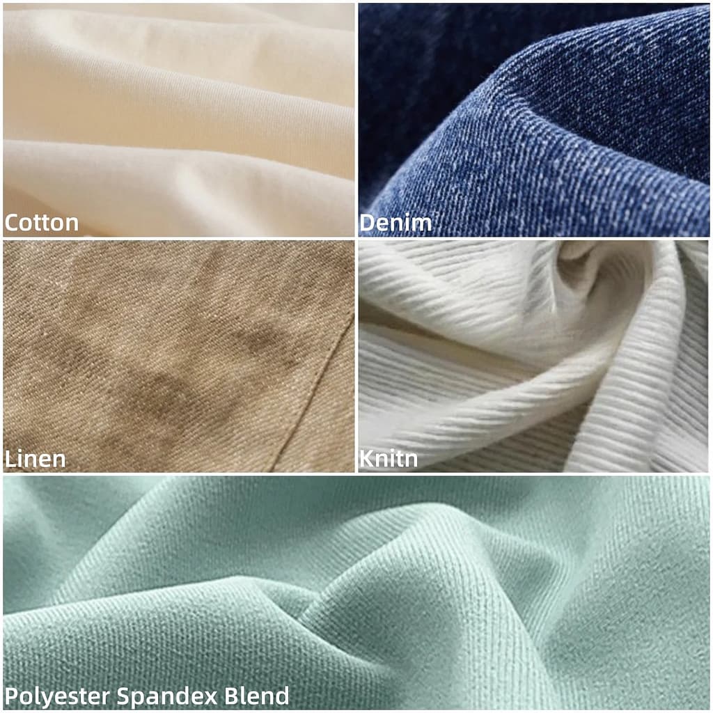 This is a detailed view of five common fabrics for pants, namely cotton, denim, linen, knit, polyester spandex blend