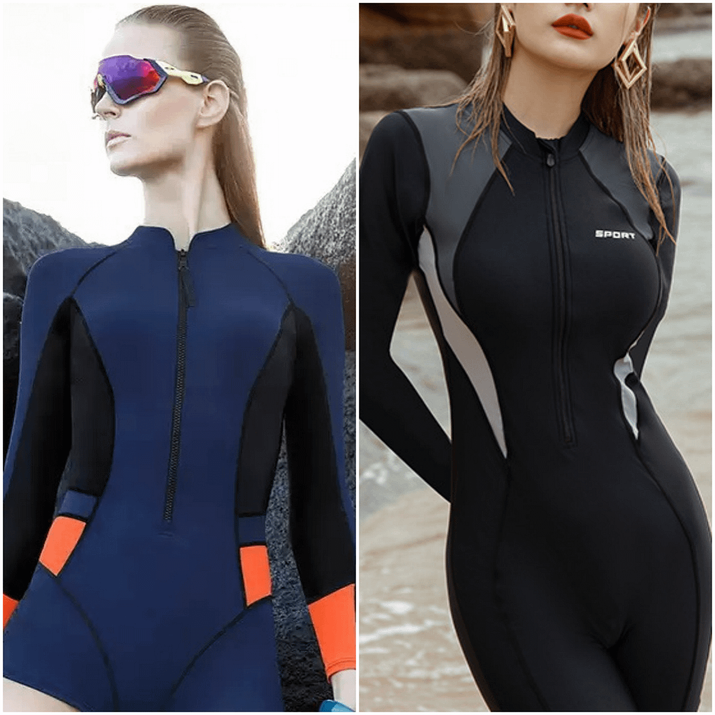 Two women wearing sunscreen swimsuits with shorts and long pants respectively