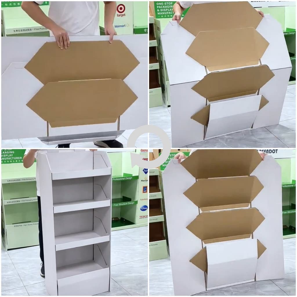 This is Minimalist & Multifunctional Packaging.Step-by-step diagram of a folded cardboard sleeve that converts into a display stand