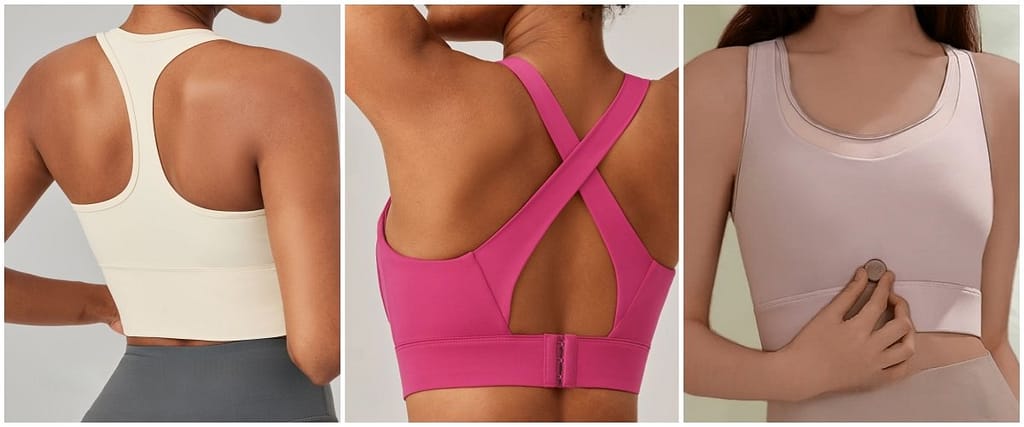 Comparison of the strap style bra in the racerback, cross back and adjustable styles.