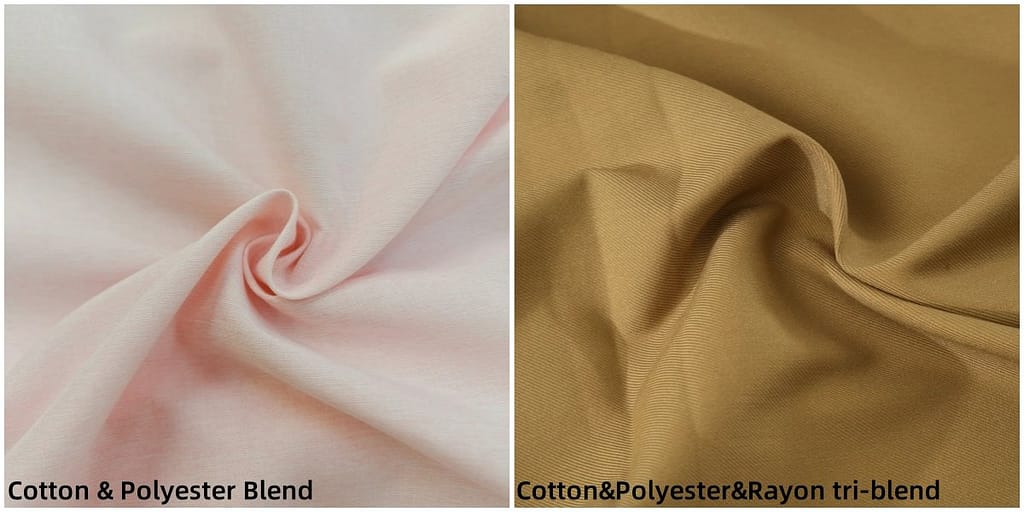 Here's a detailed comparison of a cotton & polyester blend and a cotton & polyester & rayon tri-blend.