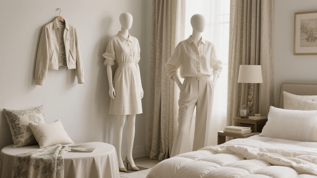 The picture shows several uses of Chambray fabrics, such as home decor, shirts, and casual jackets