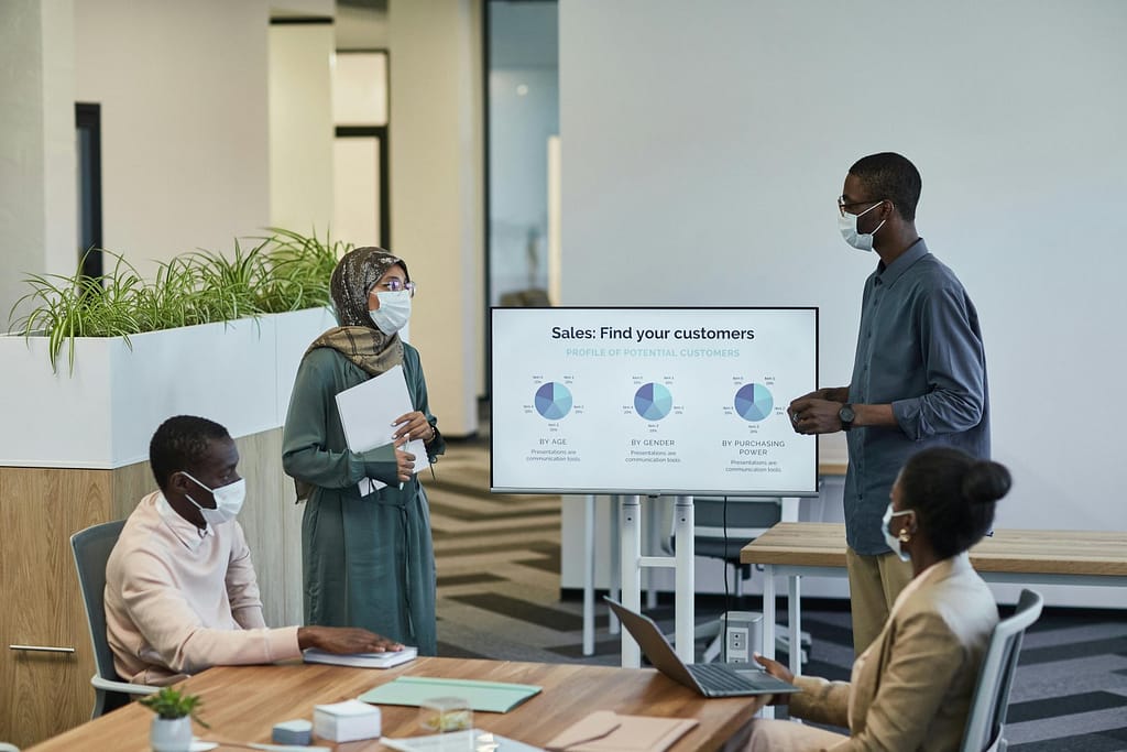 A group of employees from the clothing company are discussing the Business Structure and Operations of the new project.