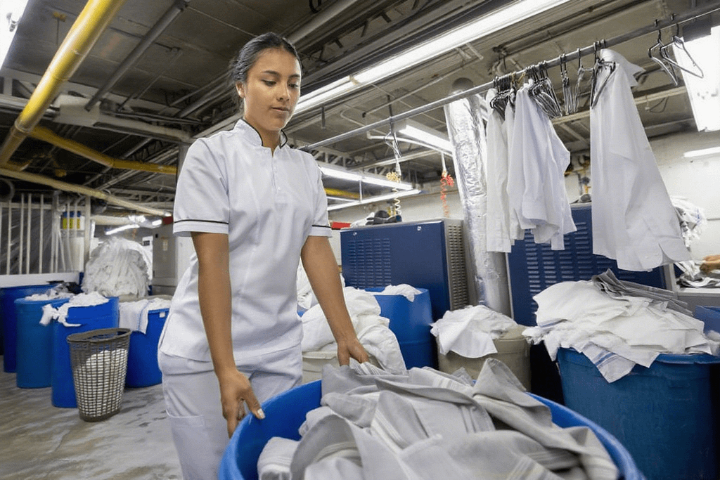 Employees are transporting clothes that need to be washed.