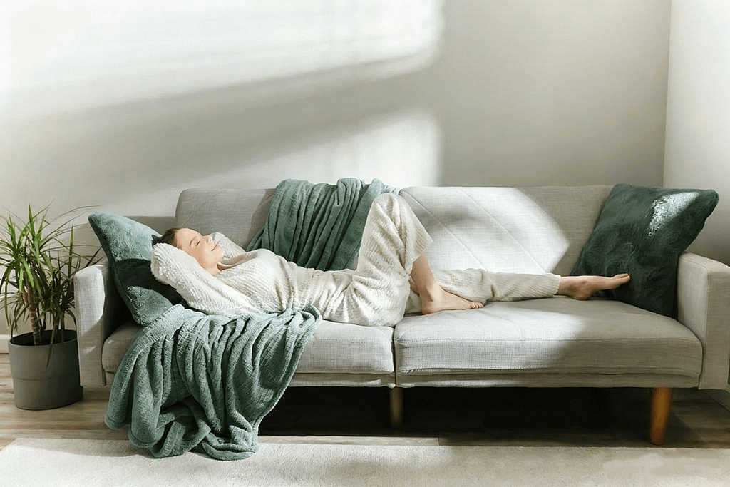 A girl was comfortably lounging on the sofa in her loungewear.