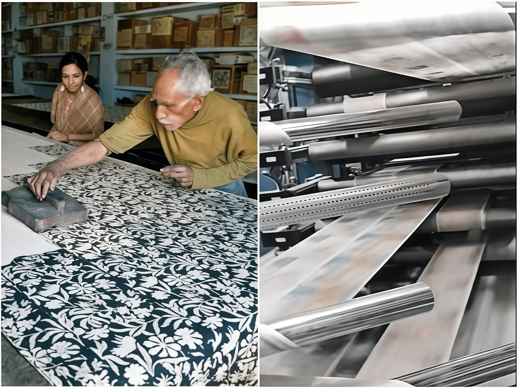 This is a detailed view of the operation of Block and Rotary Printing, a common garment printing technique.