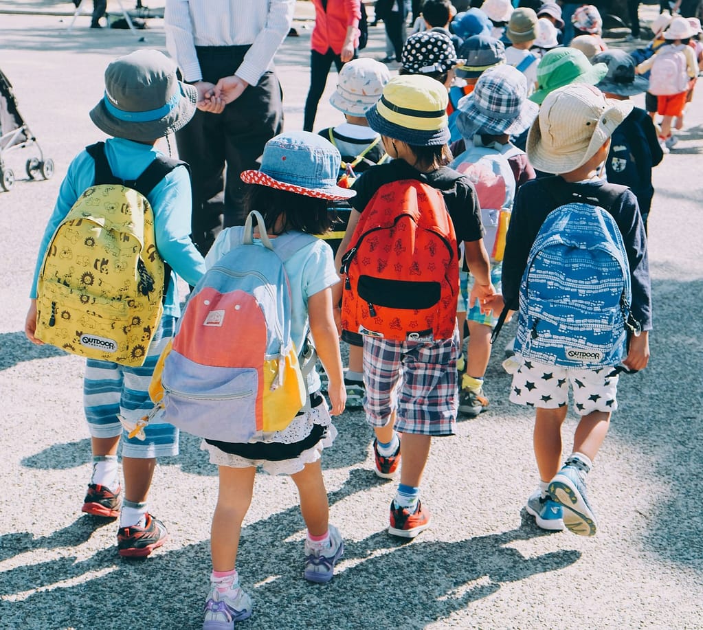 A group of children walking after school.