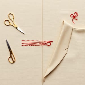 On the left is a spread of pure wool fabric, on which are placed tailor's scissors and chalk; on the right is a three-dimensional suit collar structure made of the same fabric, next to which are placed sewing needles with thread and knotted threads. In the center, a red hand-sewn seam from sparse to dense is used as a visual guide, and the background is a light beige color with a linen texture. Each element accurately presents the craftsmanship details, retaining the artistic sense while clearly conveying the professionalism of "cutting and sewing".