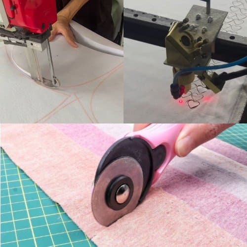 Demonstrating three types of cutting tools: rotary cutter, shearing machine, laser cutting machine