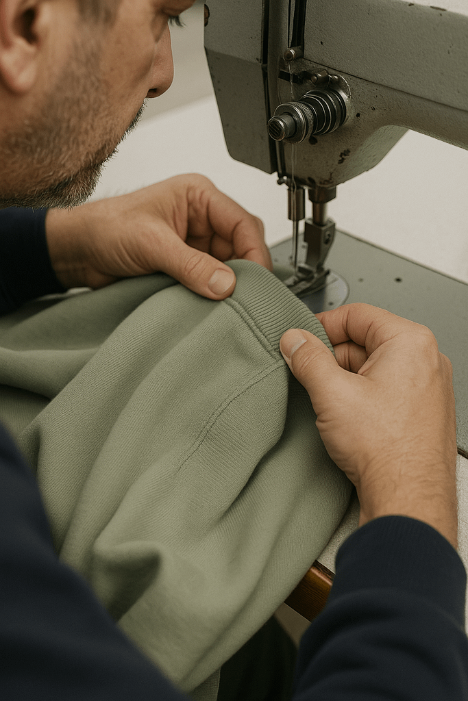 The sewing process of hoodie production