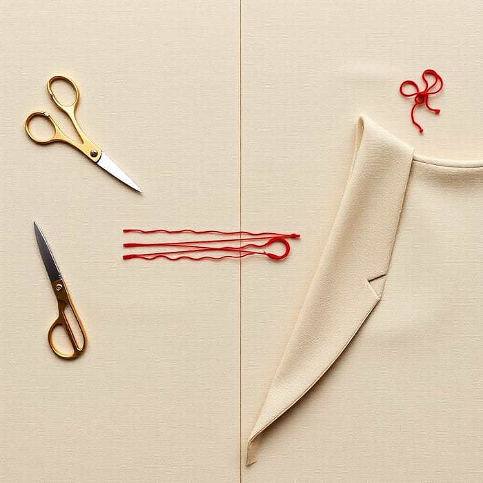 On the left is a spread of pure wool fabric, on which are placed tailor's scissors and chalk; on the right is a three-dimensional suit collar structure made of the same fabric, next to which are placed sewing needles with thread and knotted threads. In the center, a red hand-sewn seam from sparse to dense is used as a visual guide, and the background is a light beige color with a linen texture. Each element accurately presents the craftsmanship details, retaining the artistic sense while clearly conveying the professionalism of "cutting and sewing".