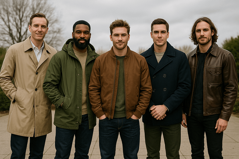 Photo of a group of men standing outdoors wearing different types of outerwear.