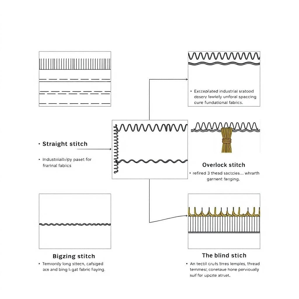 Five basic machine sewing techniques are presented in the form of illustrations: straight stitch, zigzag stitch, basting stitch, and blind hem stitch. The style of engineering drawing is adopted, with black lines and pure white background. The name of the technique and the typical stitch length parameters are marked next to each stitch.