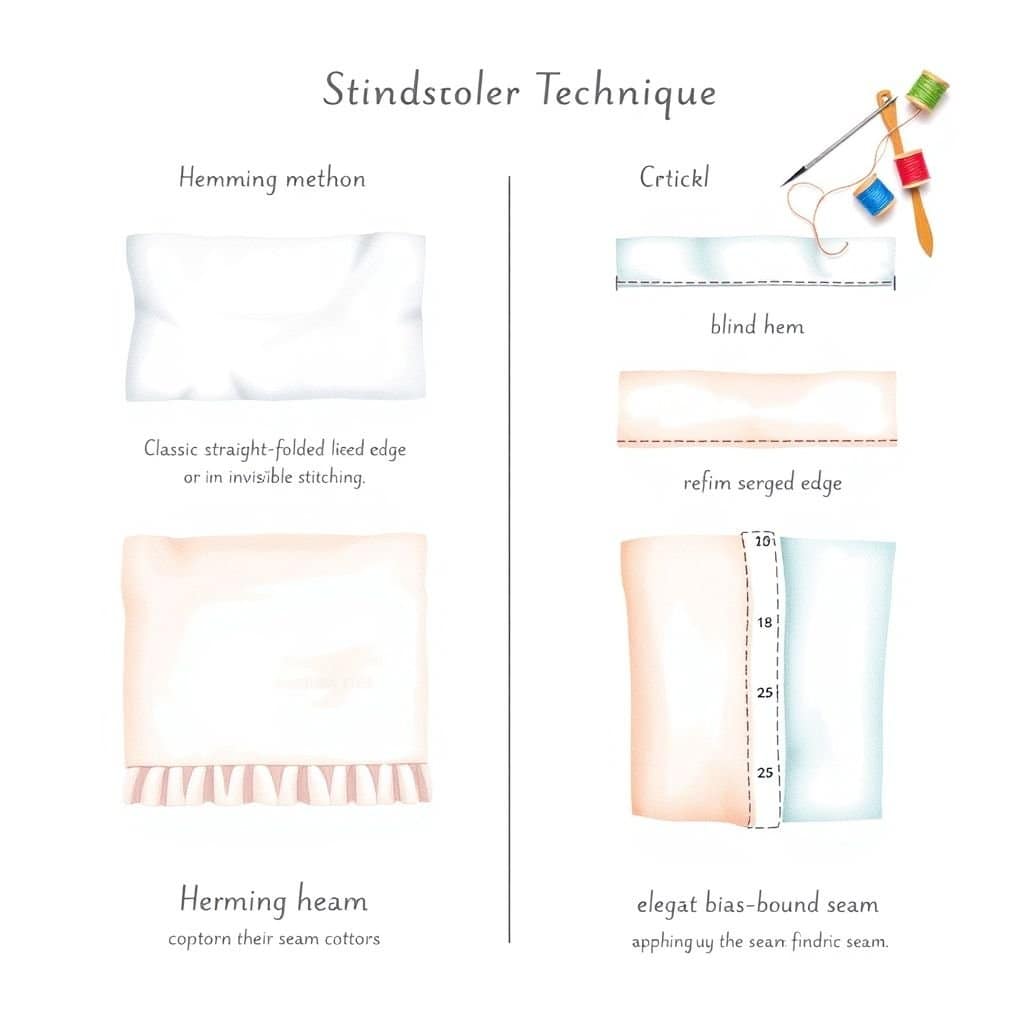 This is a professional sewing technique diagram, showing two advanced sewing techniques in detail, the left side shows the hemming technique, the right side shows the seam treatment technique, and the sewing tools (needle, spool) are added as decorative elements