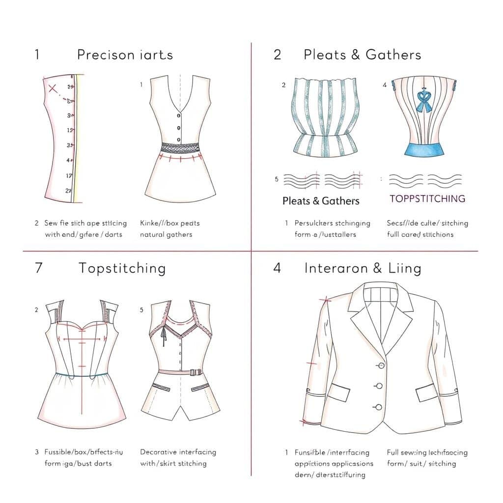 This is a professional sewing technique teaching diagram, using a 2×2 four-square layout, showing four advanced sewing techniques in detail: pleats, pleats and tucks, exposed stitching, interfacing and lining.