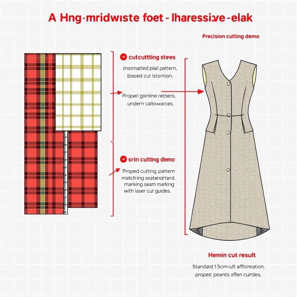 This is an illustration used to explain how cutting affects sewing. It intuitively shows the key impact of cutting accuracy on sewing quality. The left side shows the consequences of cutting errors, the middle is a demonstration of precise cutting, and the right side shows a comparison of sewing effects.