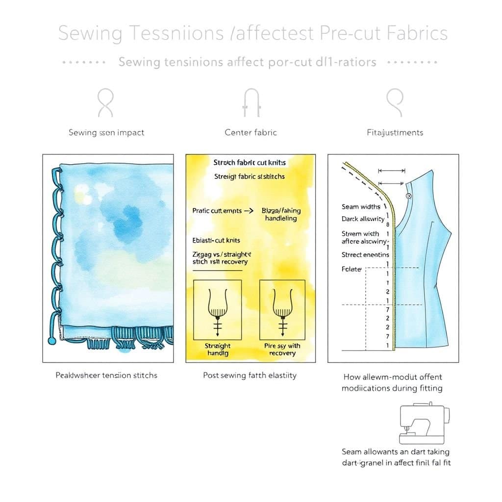 This is an illustration used to explain how sewing affects the cutting process, vividly showing the reverse effect of sewing technology on cutting results. The left side is the effect of sewing tension, the middle is elastic fabric processing, and the right side is fit adjustment.
