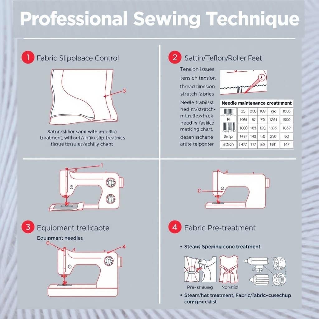 This is a professional sewing technology illustration, using a 1:1 ratio four-quadrant layout to systematically display the four core challenges and solutions in the sewing process