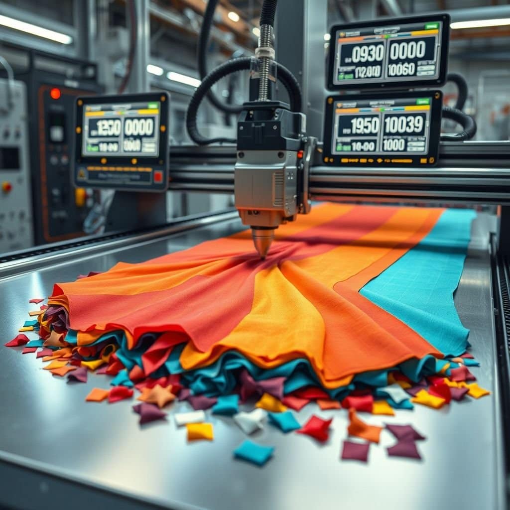A close-up photo of a high-definition, realistic industrial-grade CNC cutting machine precisely cutting multiple layers of textile fabric. The machine shows a metallic work surface, and the sharp cutting head is moving along a preset path on the fabric, with neatly arranged fabric scraps scattered around. In the background is a modern factory environment with a control panel and a computer monitor showing cutting parameters.