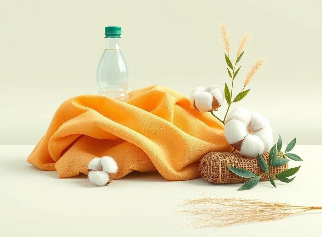 This is a blog illustration about sustainable materials with the theme “Turning to eco-friendly materials to reduce carbon emissions”. The image shows a variety of sustainable materials: recycled polyester (made from recycled PET bottles), organic cotton, bamboo and hemp fibers, highlighting their natural texture and eco-friendly properties.