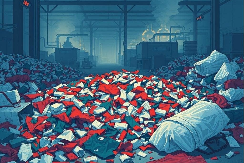 This is an illustration for a blog about material waste in the production of sportswear. The image presents the following visual elements: cutting waste accumulation, waste synthetic fibers, energy consumption in the recycling process, packaging waste, and environmental comparisons