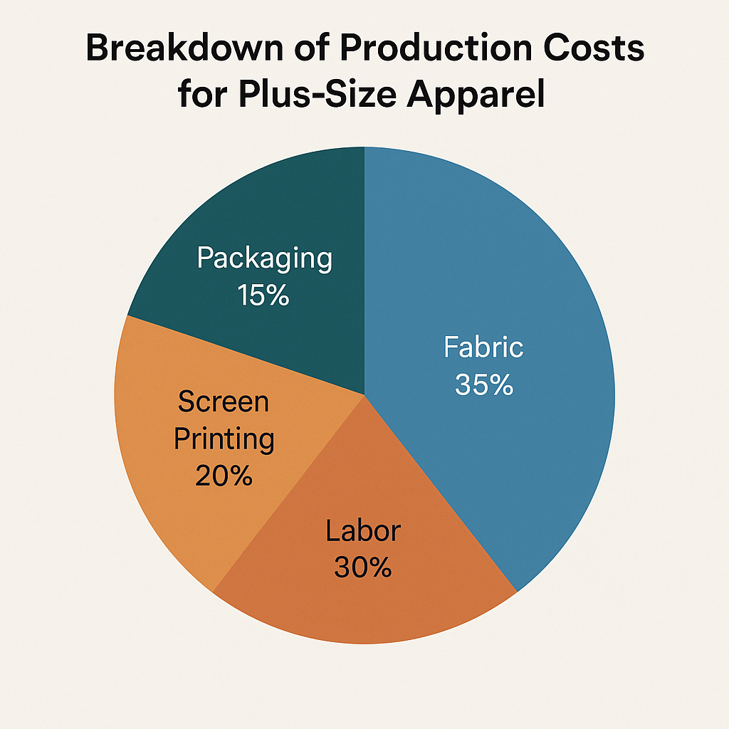 The image shows a data visualization pie chart that breaks down the typical production cost component ratios in the plus size apparel market: fabric, labor, custom patterns, packaging