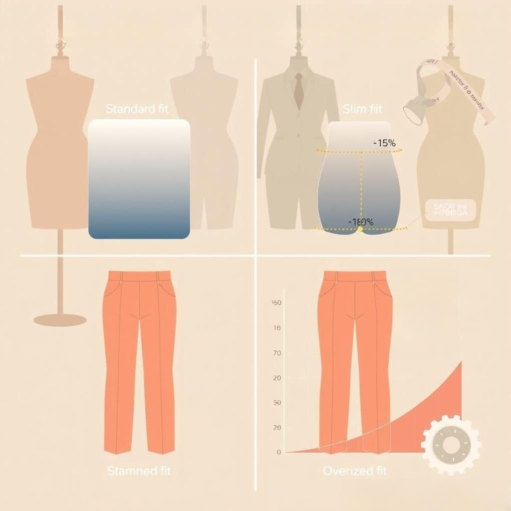This is an illustration of pants fit standards, presented using geometric mannequins + clothing industry elements