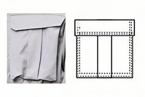 This is a detail view of a common type of pocket, the accordion pocket, on a garment