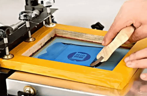 This is a detailed diagram of the operation of Screen Printing, a common garment printing technique.